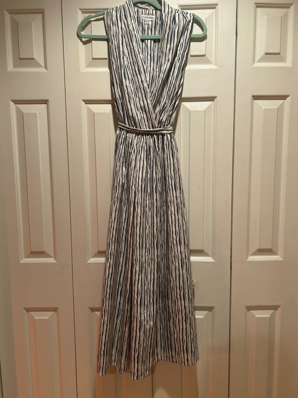 Calvin Klein White and Navy Vertical-Stripe Maxi Dress
